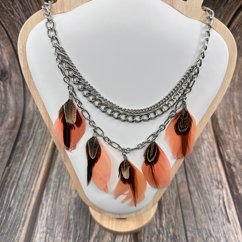 Boho Pink Feather Layered Chain Statement Necklace Festival Vintage Silver Tone